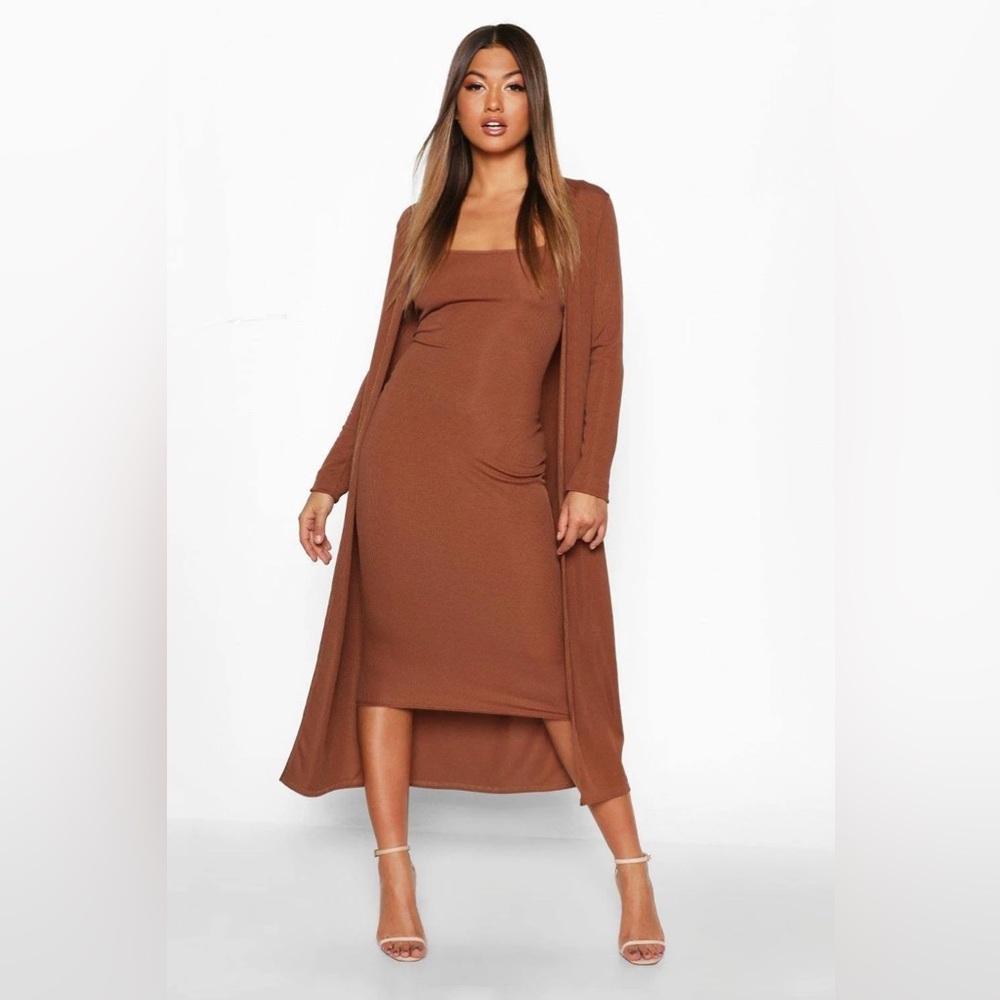 Boohoo Ribbed Brown Midi Dress & Long Sleeve Cover up Duster Set